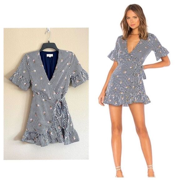 Revolve Striped Floral Wrap Dress - Picture 1 of 10